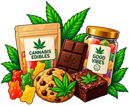 Illustrated cannabis edibles -- gummy bears, a cookie, chocolate, a brownie, and jarred candies -- each marked with a cannabis leaf