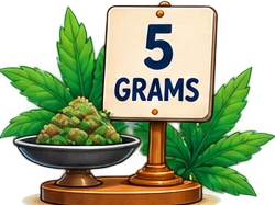 A scale weighing a pile of cannabis next to a sign reading 5 GRAMS