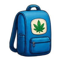 A blue backpack with a cannabis-leaf patch