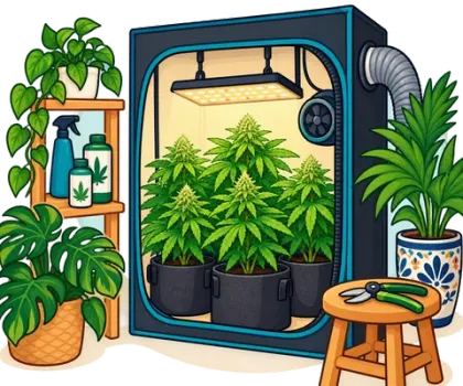An illustrated indoor grow tent with cannabis plants under a grow light, next to houseplants and a small shelf of nutrient bottles
