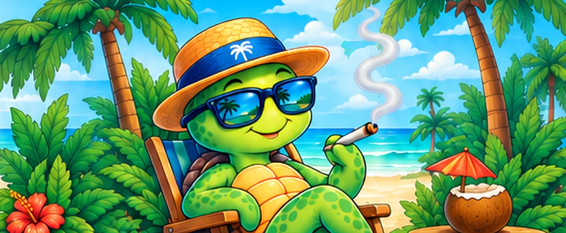 An illustrated turtle wearing sunglasses and a straw hat, relaxing in a beach chair with a lit joint and a coconut drink on a beach in Playa del Carmen