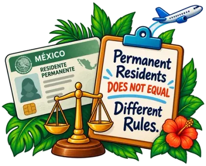 An illustrated Mexican permanent residency card, a scale of justice, and a clipboard reading PERMANENT RESIDENTS DOES NOT EQUAL DIFFERENT RULES