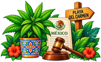 An illustrated potted cannabis plant, a document labeled MÉXICO with a gavel, hibiscus flowers, and a wooden signpost reading PLAYA DEL CARMEN