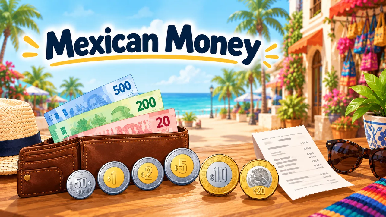 Illustration titled Mexican Money: a wallet with 500-, 200- and 20-peso bills and a row of 50¢, $1, $2, $5, $10 and $20 coins on a seaside table, beside a straw hat, a receipt and sunglasses