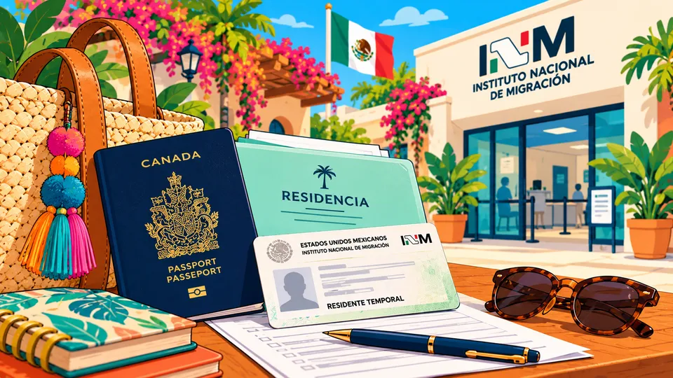Illustrated passport, a folder labeled Residencia and a sample temporary resident card on a desk in front of an immigration office with a Mexican flag, bougainvillea and palm trees