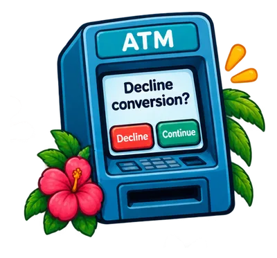 An illustrated ATM whose screen asks Decline conversion? with a red Decline button and a green Continue button, beside a hibiscus flower