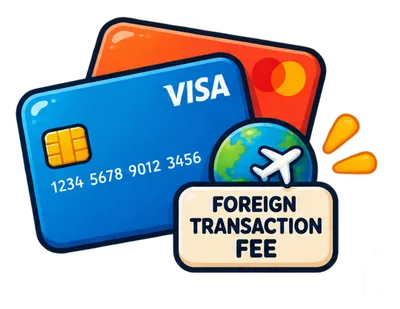 Two illustrated payment cards with a globe, an airplane and a label reading Foreign Transaction Fee