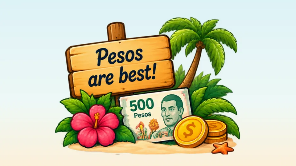 An illustrated wooden beach sign reading Pesos are best! beside a 500-peso bill, gold coins, a hibiscus flower and a palm tree