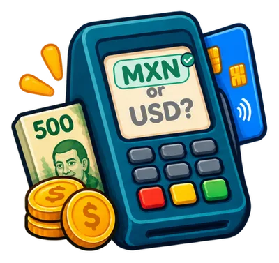 An illustrated card payment terminal whose screen asks MXN or USD?, with MXN highlighted in green and checked, beside a 500-peso bill and gold coins