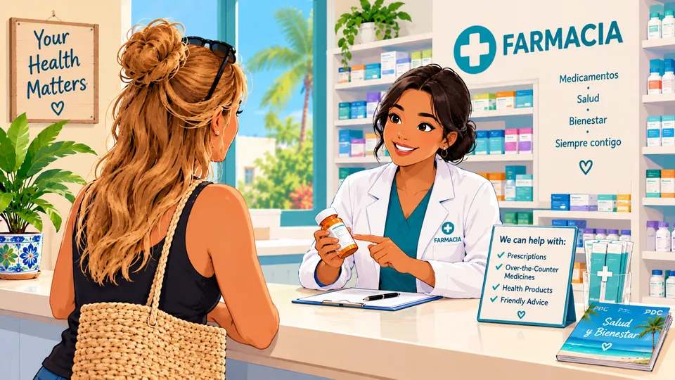 Illustrated pharmacist in a white coat showing a medicine bottle to a customer across the counter of a bright pharmacy with a Farmacia sign, shelves of medicine boxes and a palm tree outside the window