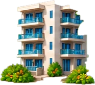 An illustrated white condo building with blue balconies surrounded by tropical plants