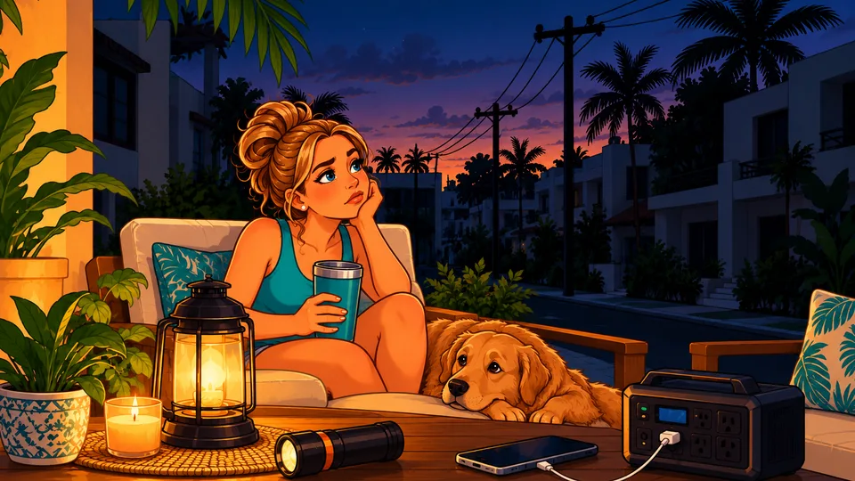 An illustrated woman relaxing on a Playa patio at dusk with her golden dog, lit by a rechargeable lantern, with a flashlight and a phone charging from a portable power station on the table