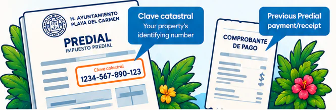 Illustration of a Predial form with the clave catastral highlighted, next to a comprobante de pago (previous payment receipt). The numbers are made up.