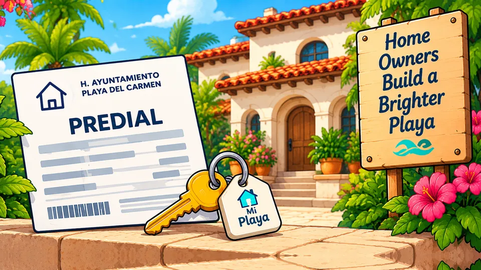 An illustrated Predial property tax form with a small house symbol, propped on a stone wall beside house keys with a "Mi Playa" tag, in front of a Playa home and a sign reading "Home Owners Build a Brighter Playa"