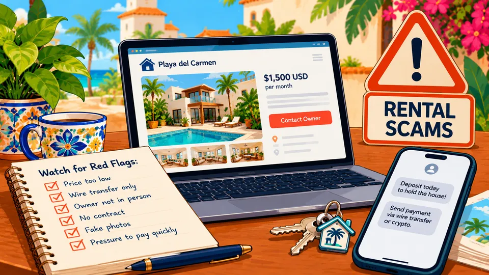 Illustrated desk with a laptop showing a Playa del Carmen rental listing, a Rental Scams warning sign, a phone with messages asking for a deposit today, house keys and a notebook titled Watch for Red Flags