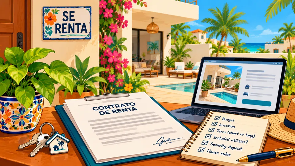 Illustrated table outside a Playa home with a Se Renta sign, a clipboard with a Contrato de Renta, house keys, a laptop showing a rental listing and a notebook checklist of budget, location, term, utilities, deposit and house rules