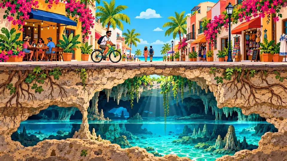 Illustrated cutaway of a colorful Playa street with a café, shops and a cyclist above, and limestone caves with stalactites and clear blue water beneath the pavement
