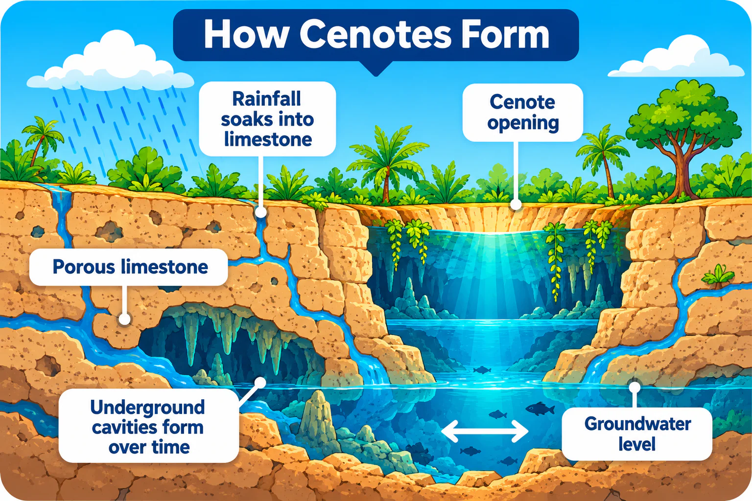 Labeled diagram, How Cenotes Form: rainfall soaks into porous limestone, underground cavities form over time, a cenote opening exposes the water below, and the groundwater level runs through the caves