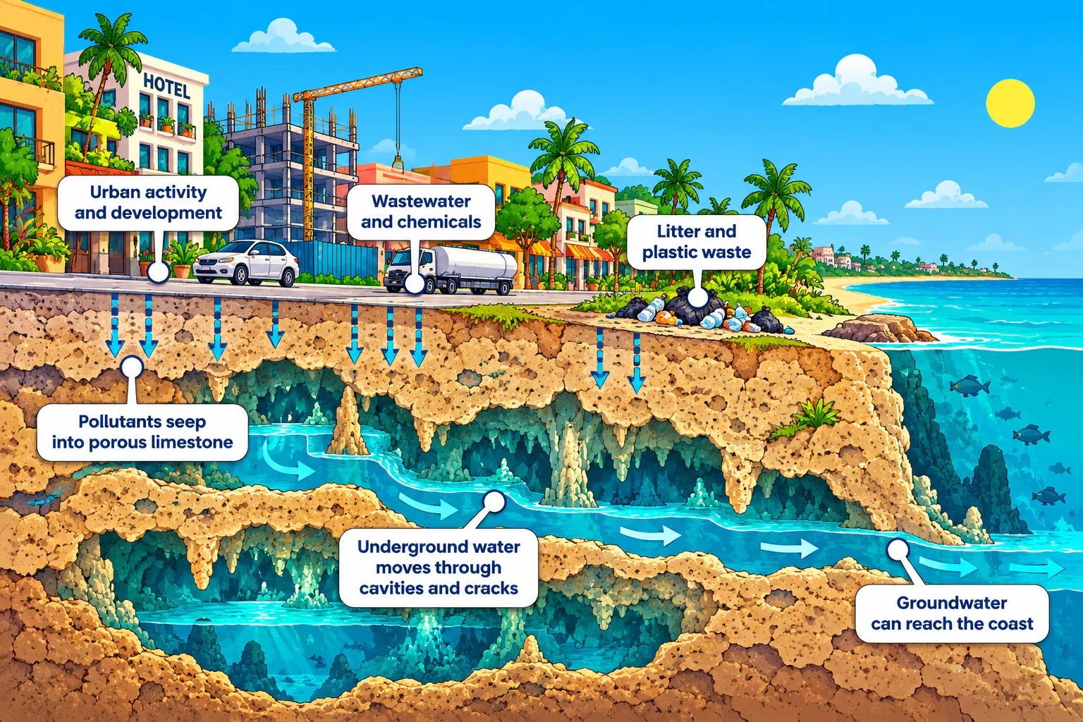 Labeled diagram: urban activity and development, wastewater and chemicals, and litter at the surface; pollutants seep into porous limestone, underground water moves through cavities and cracks, and groundwater can reach the coast