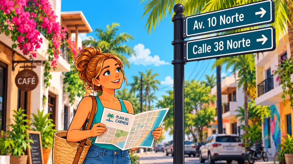 An illustrated smiling woman holding a Playa del Carmen map on a sunny street lined with palm trees, looking up at street signs for Av. 10 Norte and Calle 38 Norte