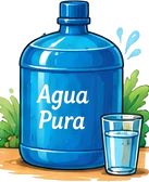 A large blue garrafón of purified water next to a filled glass