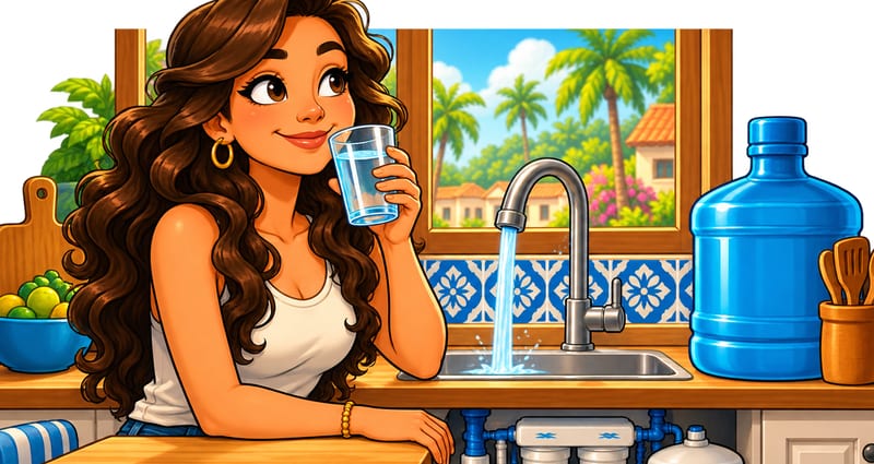 A warm illustrated Playa del Carmen kitchen scene: a woman drinking a glass of water at the sink, with a blue garrafón and an under-sink reverse osmosis system visible below the counter