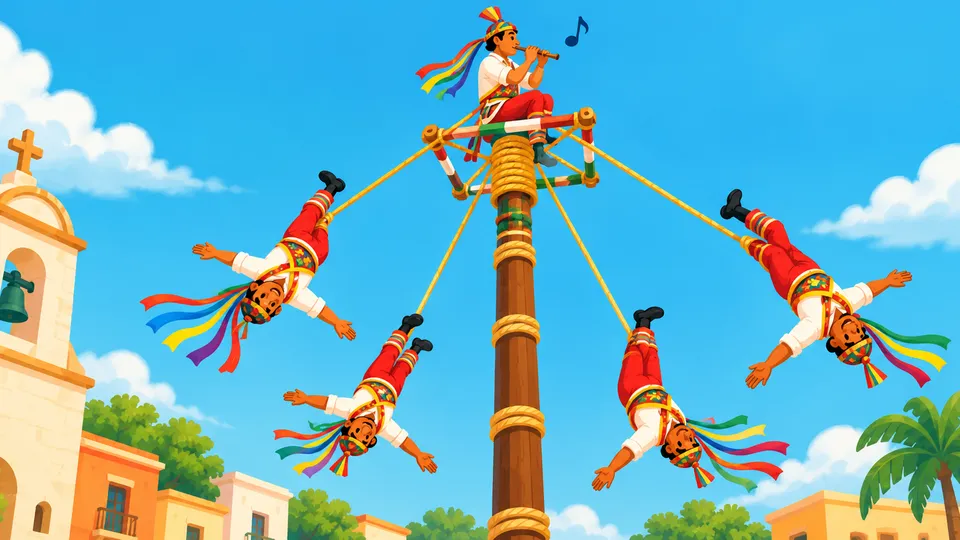 Illustration of the Voladores de Papantla: a caporal plays a flute on top of a tall pole while four flyers in red and white with colorful ribbons descend head-first on ropes, under a blue sky beside a white bell tower and palm trees