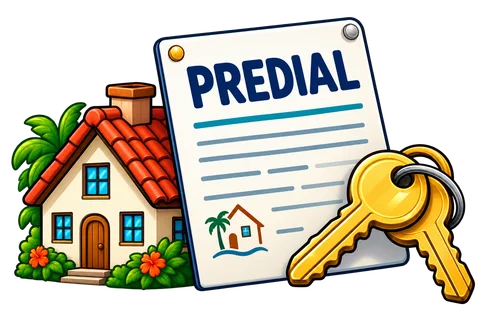 A cartoon house beside a Predial form and house keys