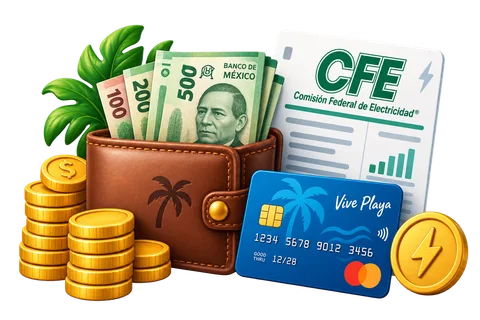 A CFE electricity bill beside a wallet, pesos and a bank card