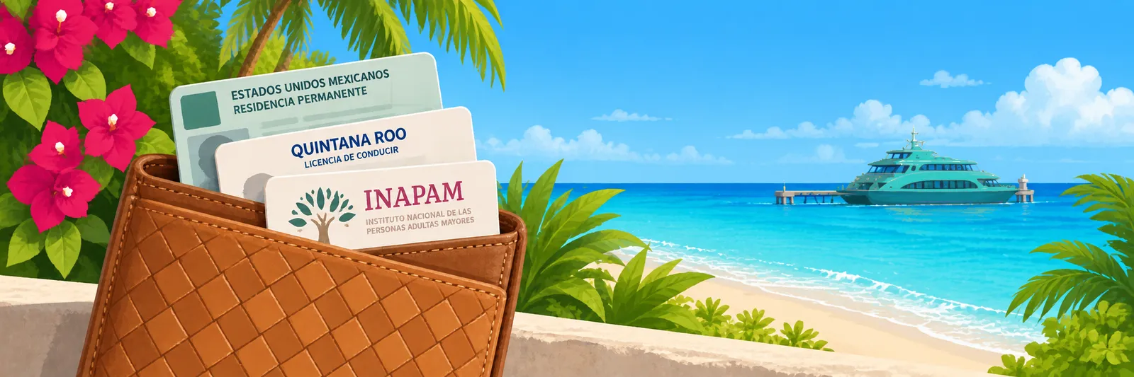 Illustration of a wallet holding a Mexican permanent residency card, a Quintana Roo driver's license and an INAPAM card, with a Caribbean beach and a ferry behind it